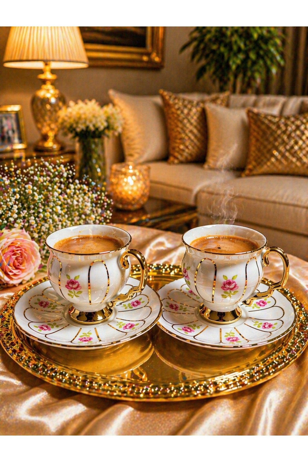 Golden Blossom 2-Piece Porcelain Coffee Cup Set- Patterned Turkish Coffee Saucer Set