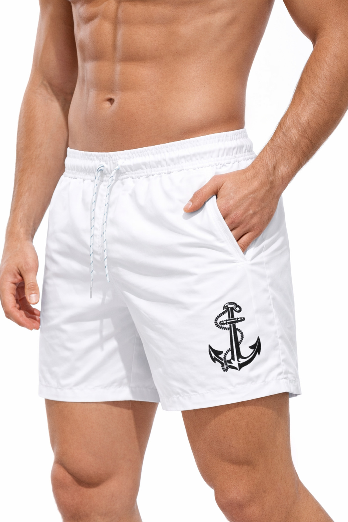 ZELASU Men's White Swim Shorts Anchor Patterned Lined Quick Dry Elasticated Swimsuit Shorts Summer Beach Shorts