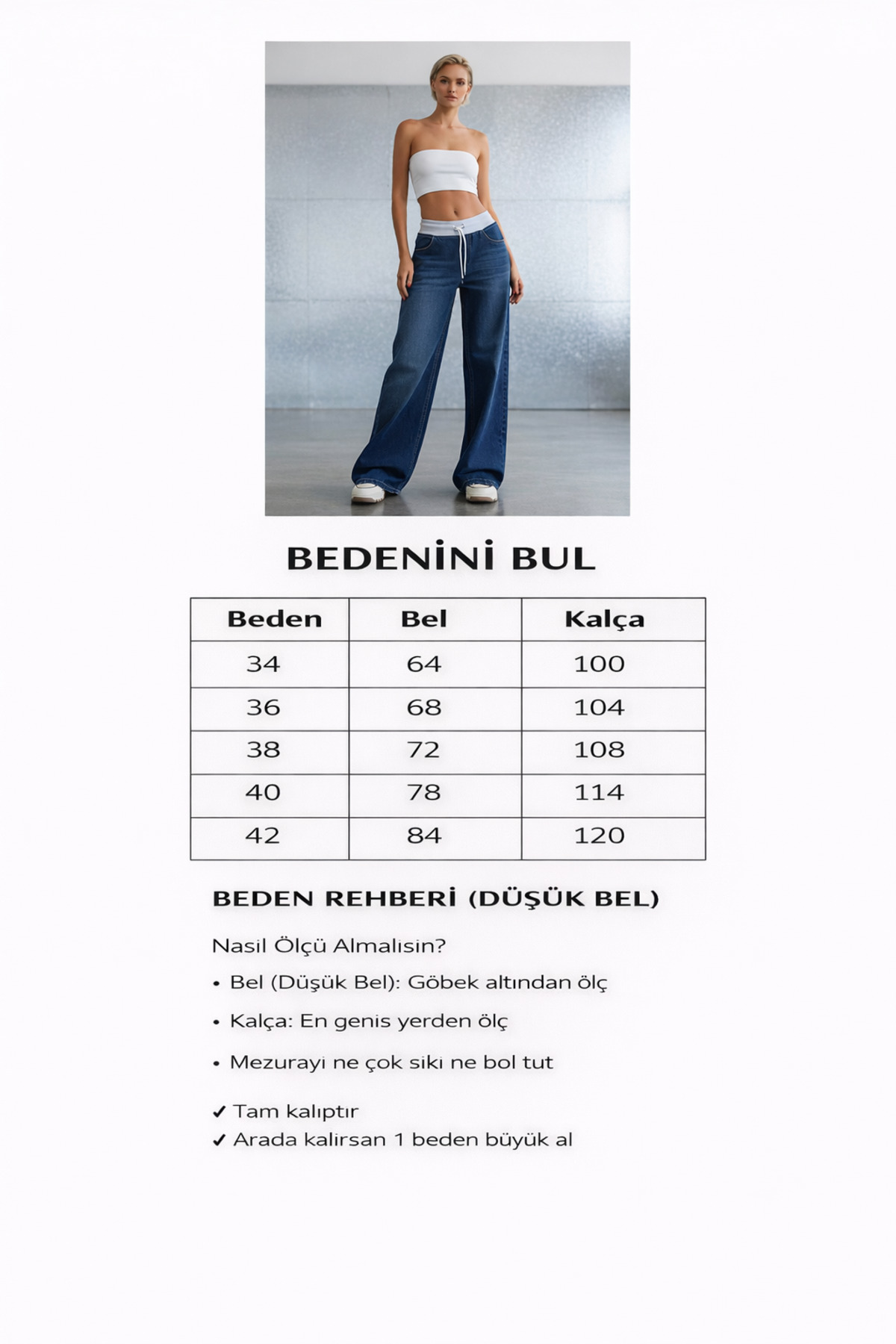 geenz manifacture  ALV Lacivert Beli Lastikli Bağcıklı Kot Denim Salaş Jean Palazzo Rahat Kalıp Likrasız Pantolon - Görsel 5