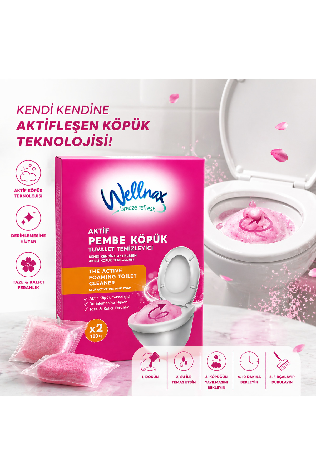 Wellnax Aktif Pembe Köpük Tuvalet Temizleyici 2x100 gr – Sıcak