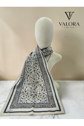 Valora Trend | İpeksi Saten Geleneksel Motifli Mavi & Krem Lüks Çini Desen Fular