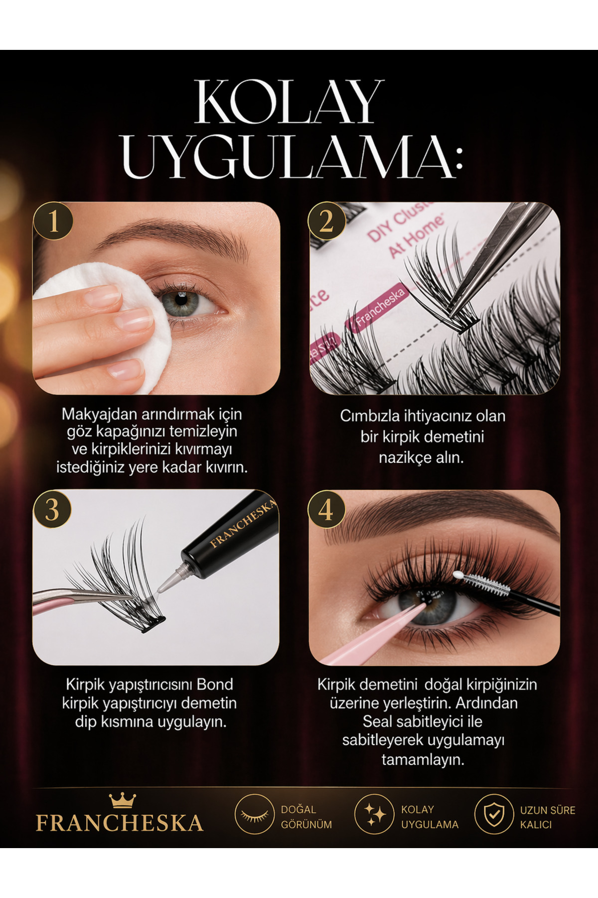 Yumuşak Kıl Takma Kirpik Seti 640 Demet | 30D 40D 50D 60D Mix | El Yapımı İpek Kirpik Demetleri + Cımbız & Uygulama Aparatları — FRNCHSKA-LUXSET1 — تصویر 6 از 9
