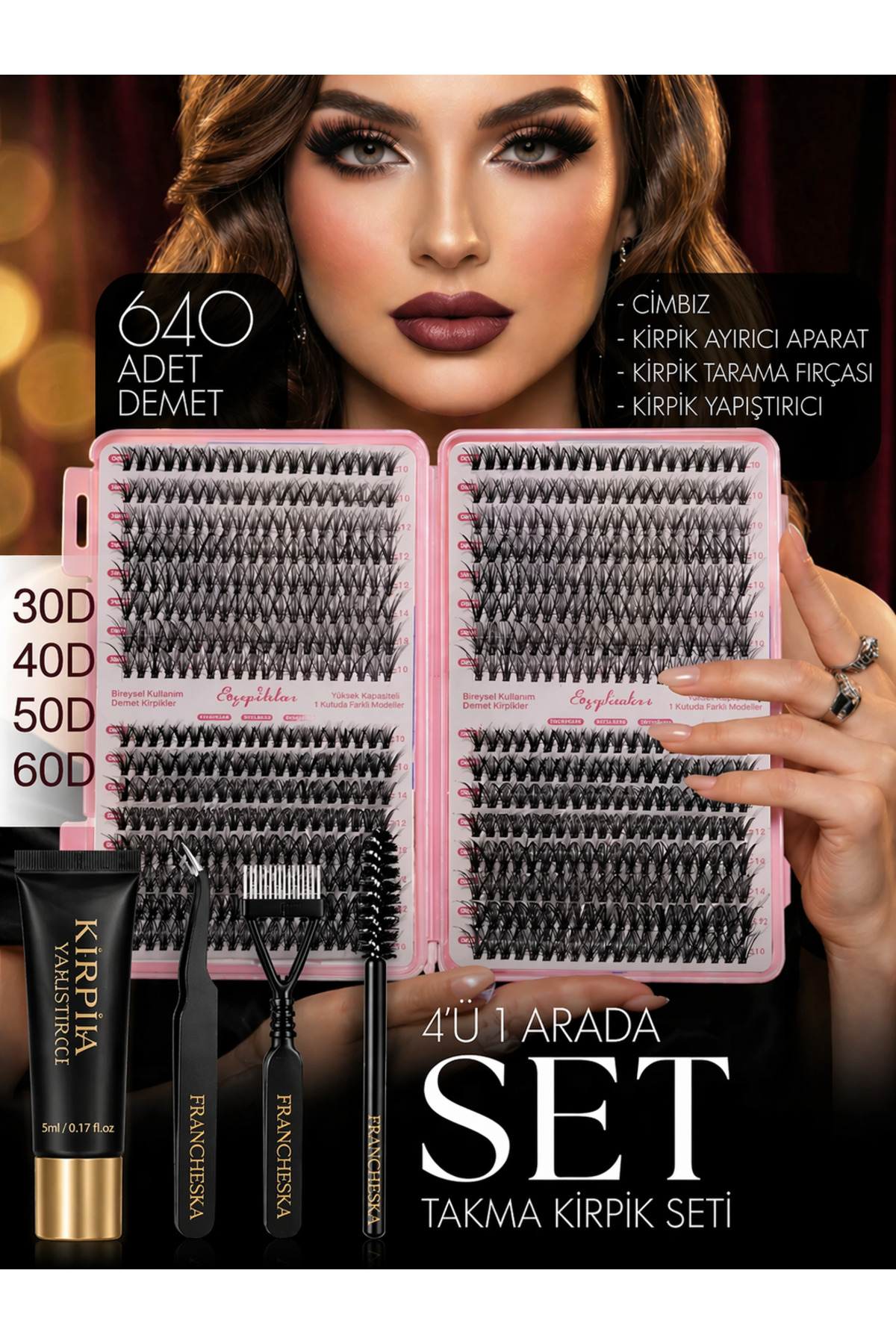 Francheska Yumuşak Kıl Takma Kirpik Seti 640 Demet | 30D 40D 50D 60D Mix | El Yapımı İpek Kirpik Demetleri + Cımbız & Uygulama Aparatları — FRNCHSKA-LUXSET1