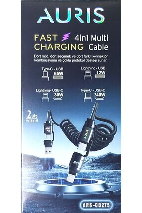 GM AURİS 4 in 1 Multi Çoklu Hızlı Şarj Kablosu Typ-C Typ-C Lightning 30W 240W