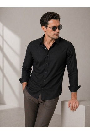 Sınwear Regular Fit Uzun Kollu Nefes Alan Terletmeyen Keten Dokulu Siyah Erke...