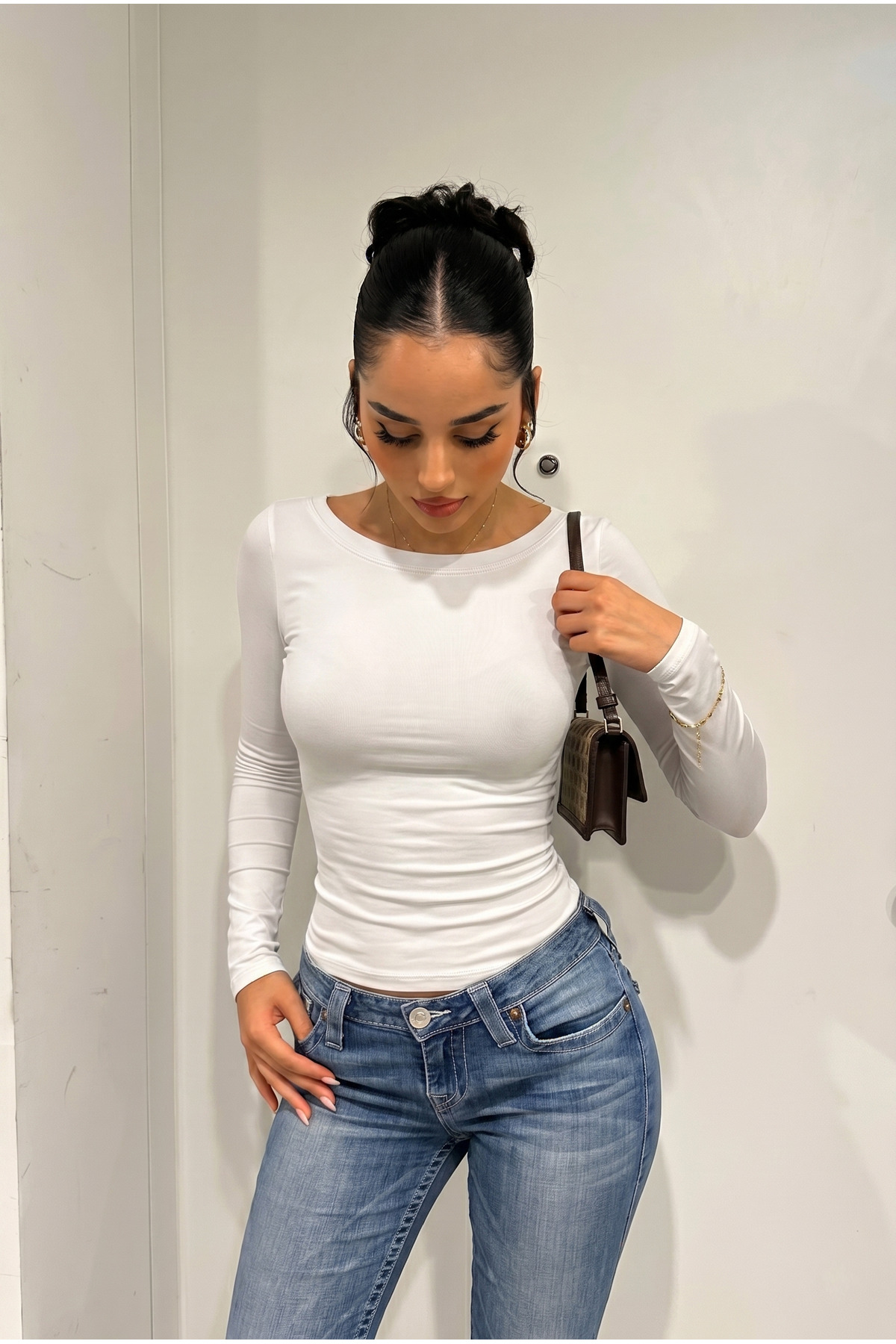 Women's 100% Cotton OPTICAL WHITE Stretch Fabric Fitted Slim Fit Long Sleeve BOAT Blouse T-Shirt