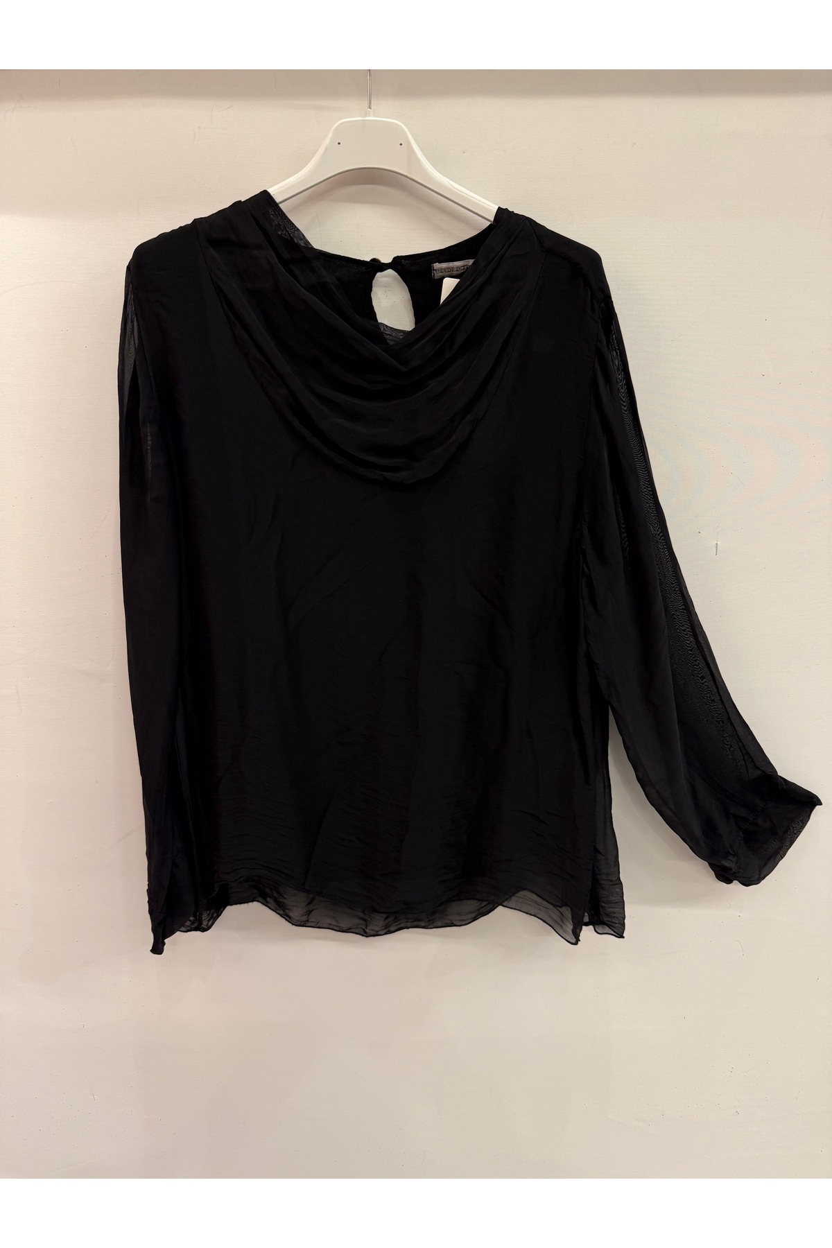 Women's Black Italian Degage Neck Long Sleeve Lined Silk Blouse Size 38 - 42