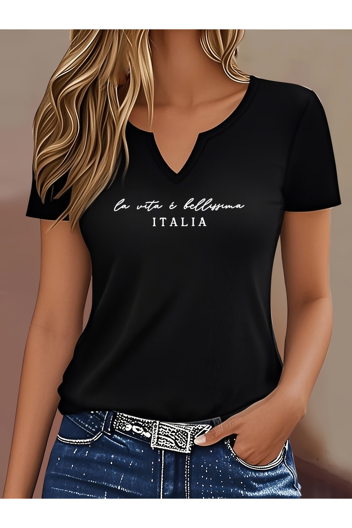 mercoledi Ženska majica sa mešovitim printom, polu-V izrezom i ravnim rukavim...