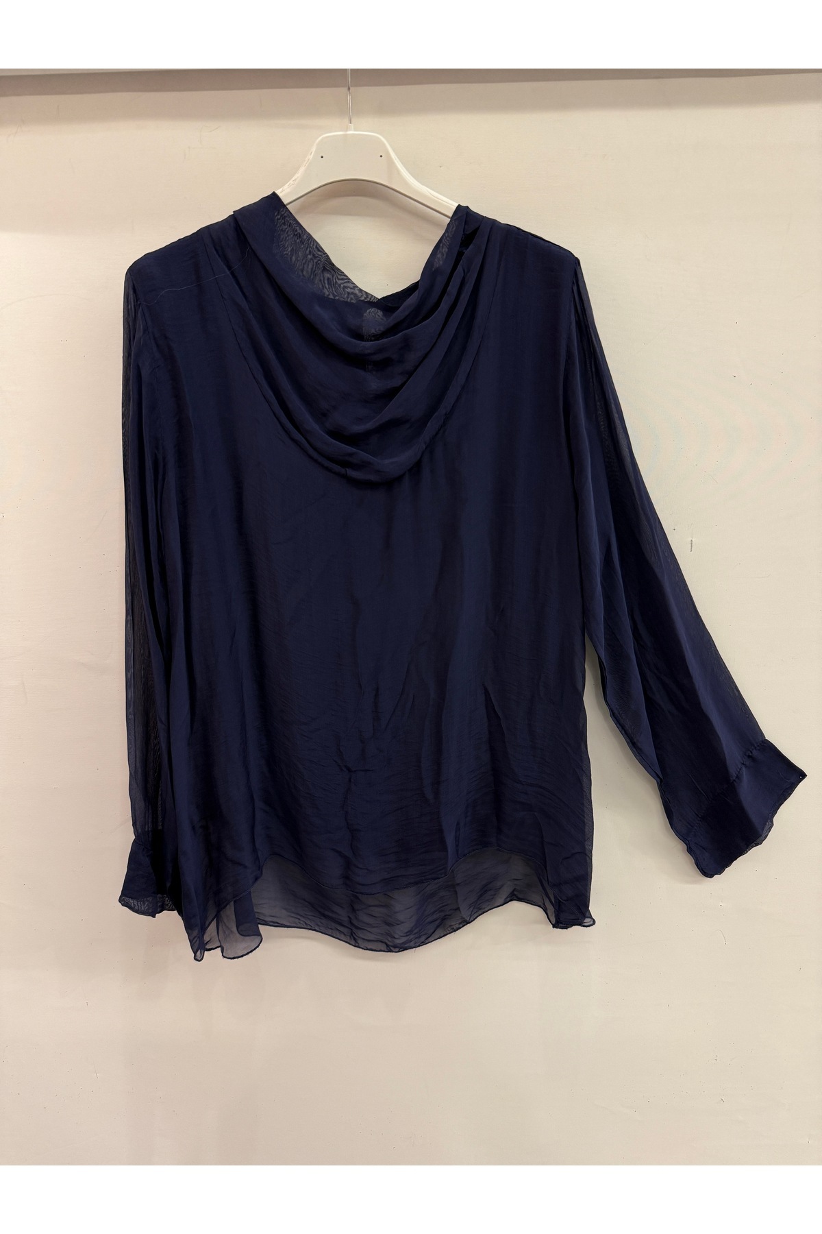 Women's Navy Blue Italian Degage Collar Long Sleeve Lined Silk Blouse Size 38 - 42