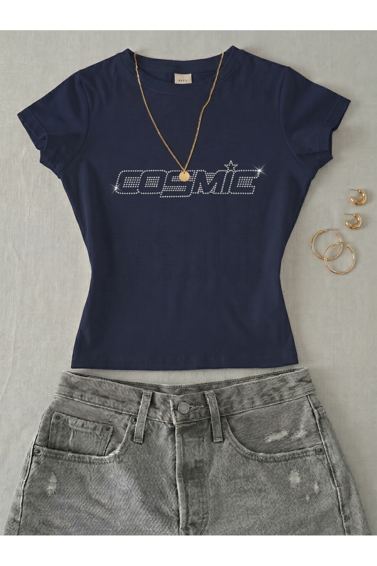 Women's Cosmic Printed Stone-Lycra Short Sleeve Body Tee Crop