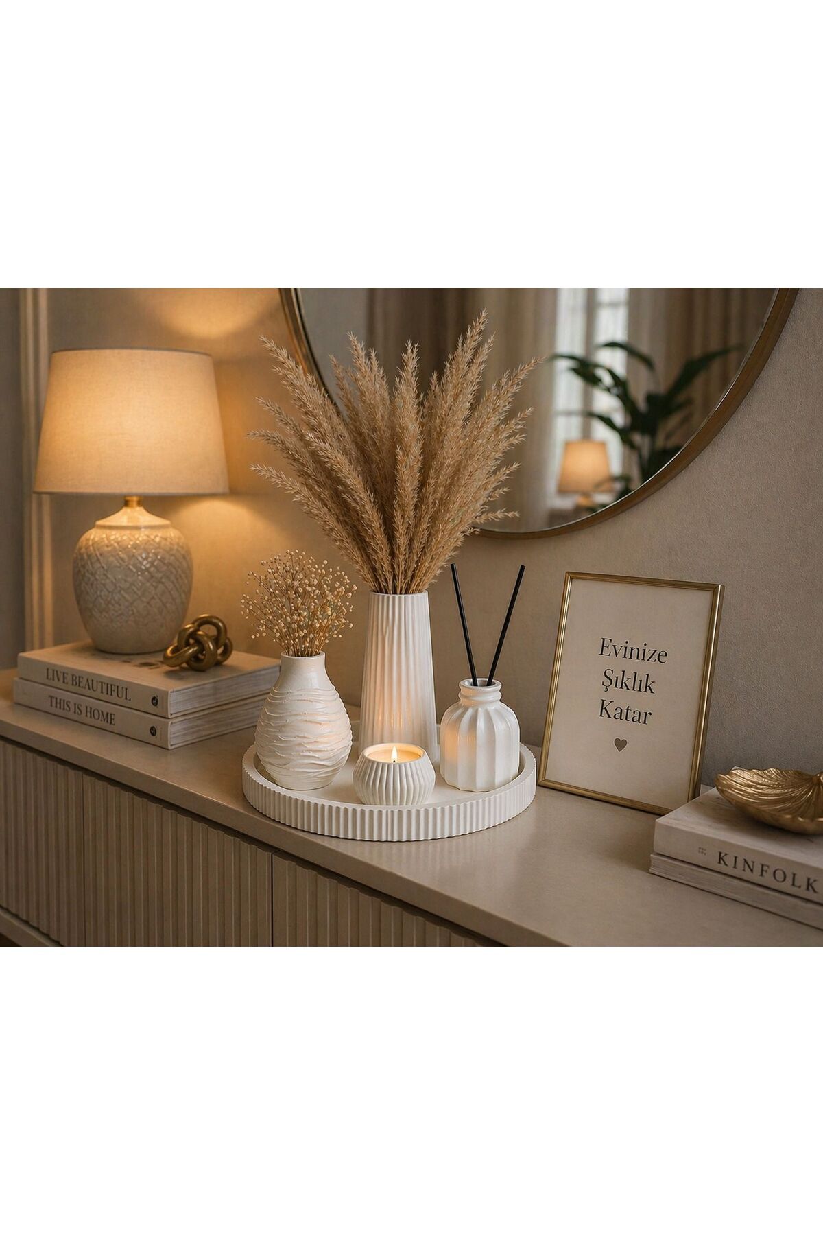 Stone Powder Decorative Vase Set – Modern Stylish Living Room Decor with Tray, Candle Holder