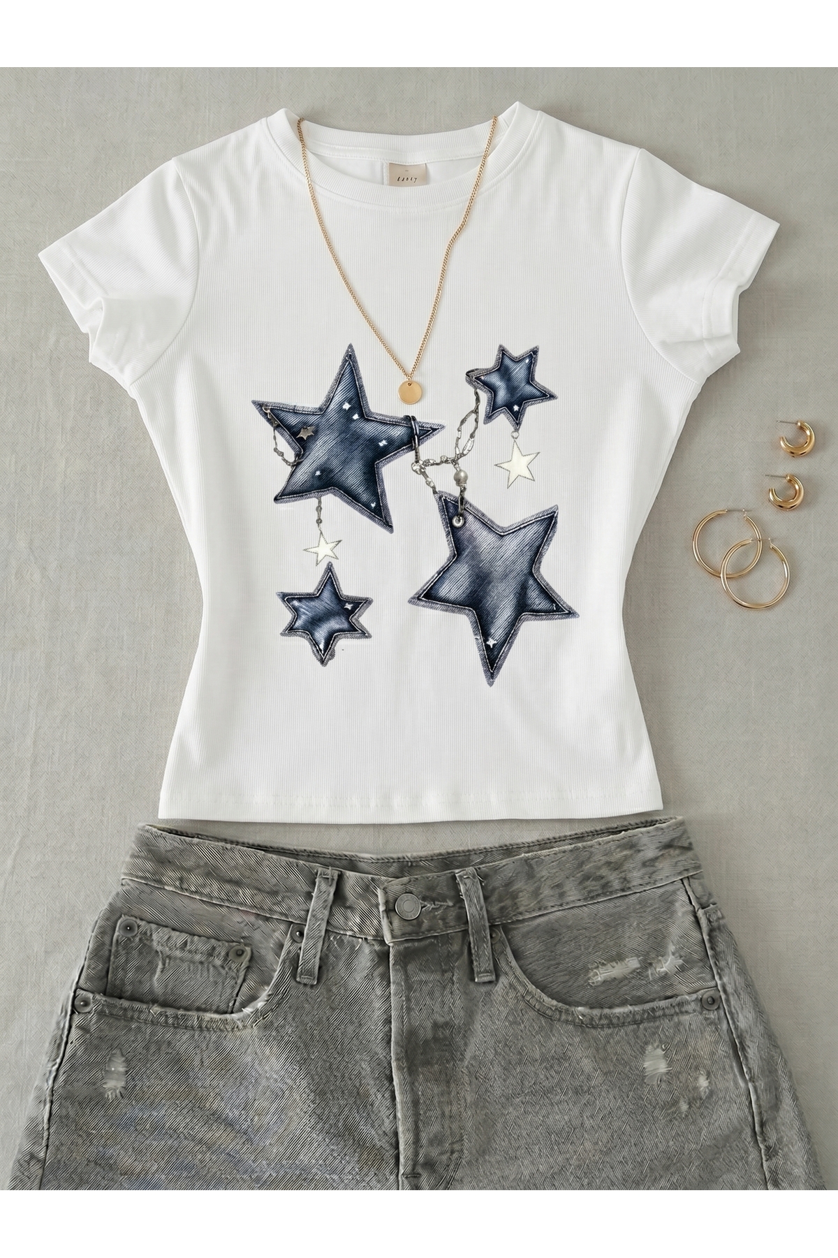 Women's Chain Star Printed - Lycra Short Sleeve Body Tee Crop