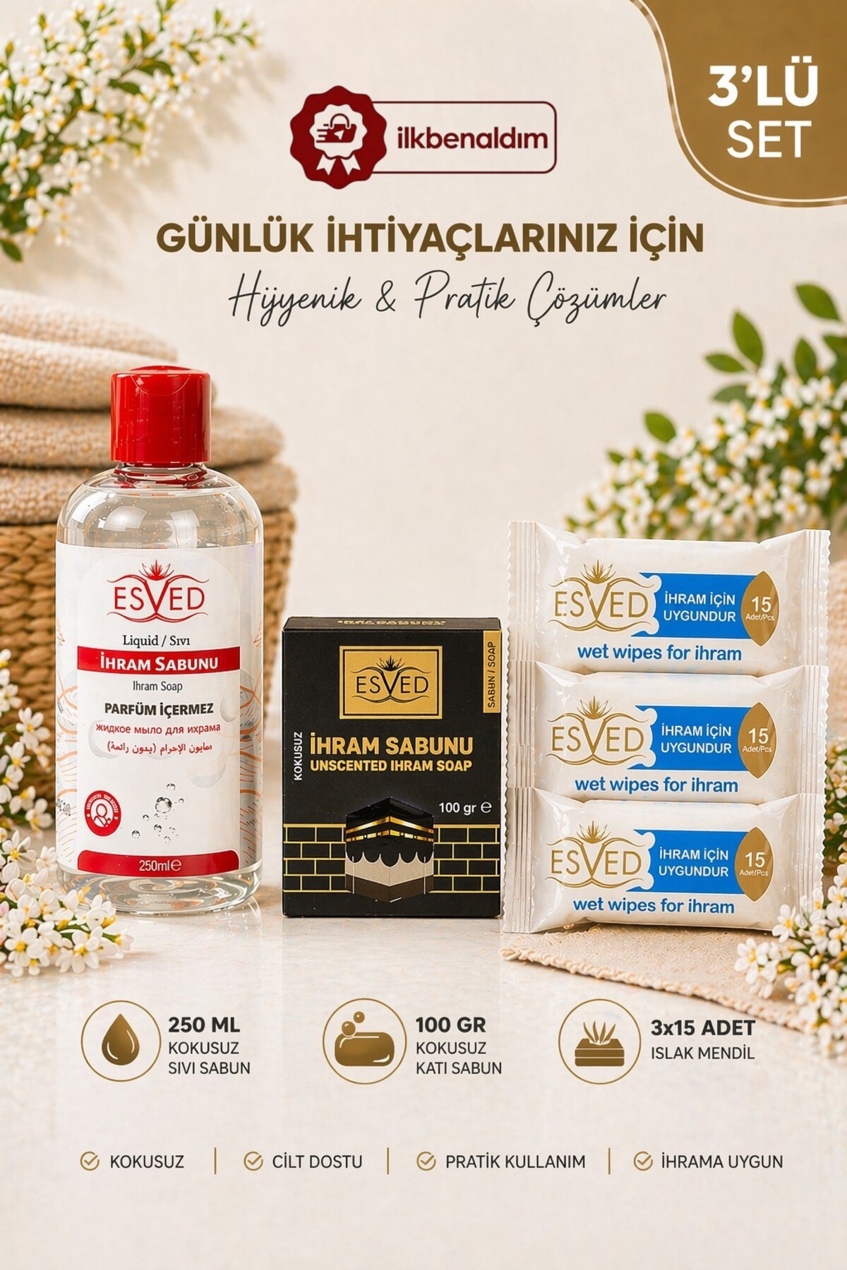 İlkbenaldim Kokusuz İhram Sabun Seti – Hac ve Umre İçin Özel 3'lü