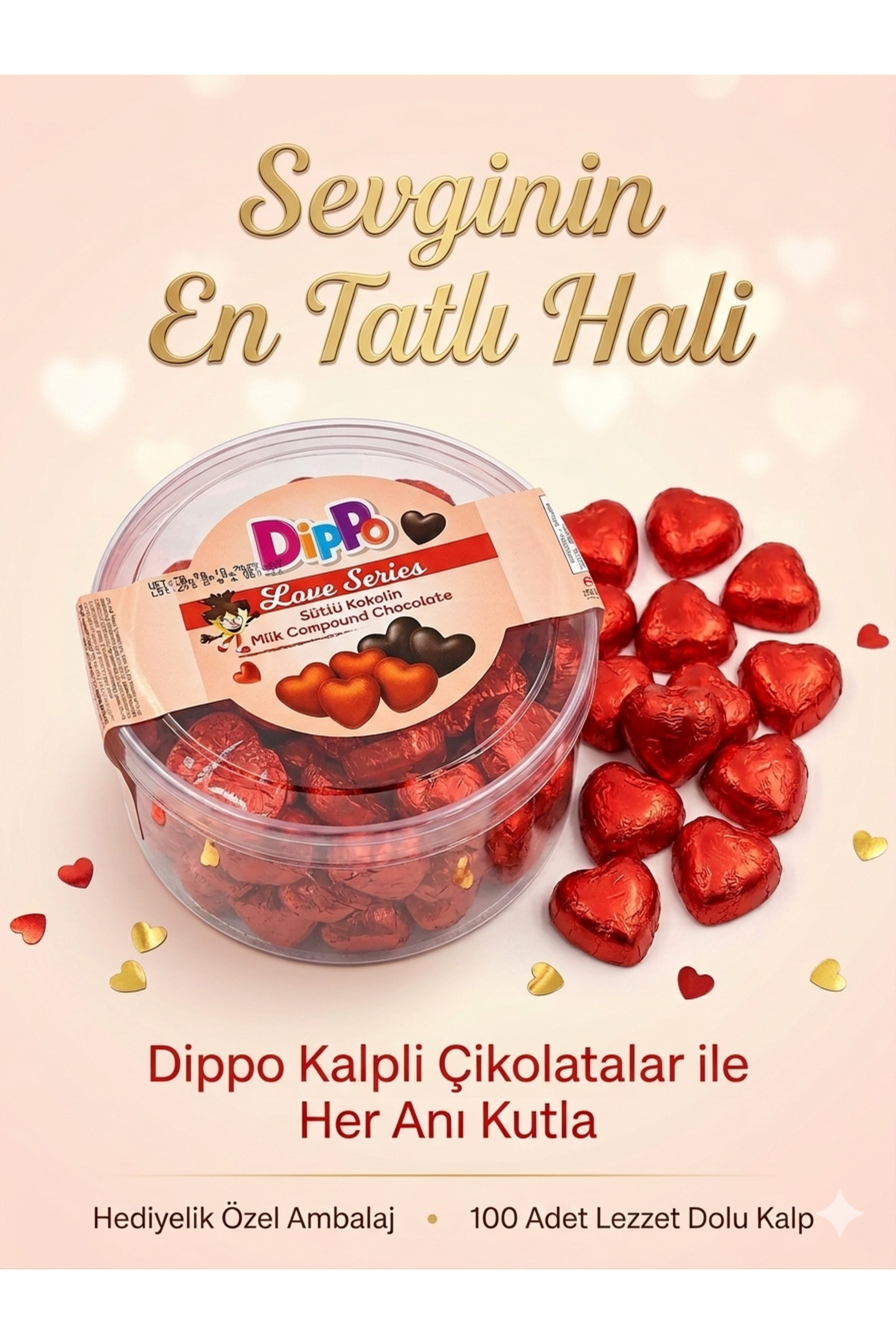 DİPPO KALPLİ LOVE SERIES ÇİKOLATA 5GR'100ADET' ÇİKOLATA Bayramlık, İkramlık, hediyelik
