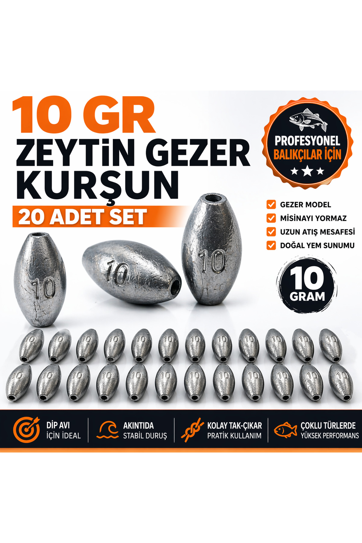 【ゆ】10セット EK AV EKİPMANLARI 10 GR Zeytin Gezer Kurşun 20 Adet | Olta Kurşunu