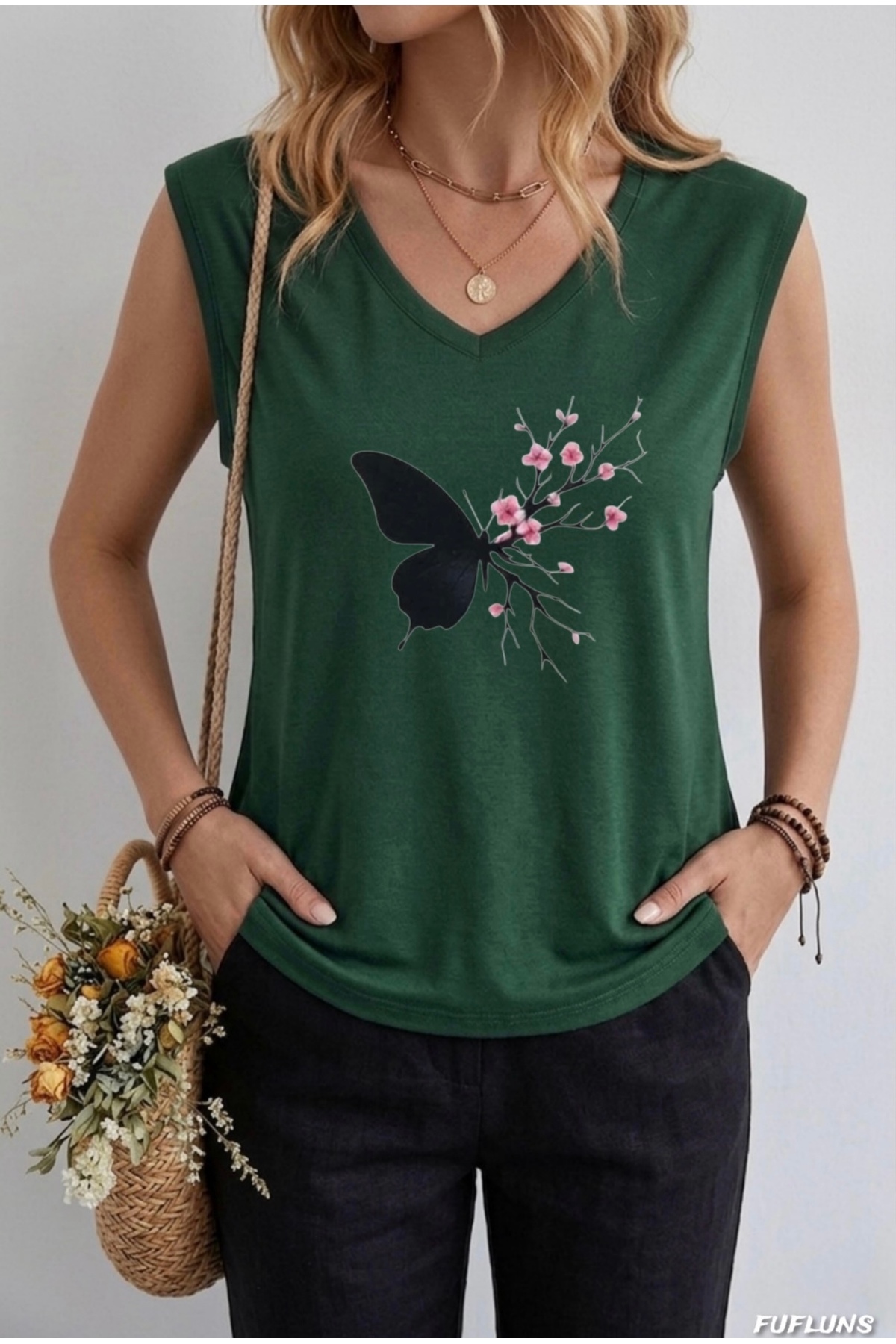 FUFLUNS SAKURA ÇİÇEK BASKILI KADIN OVERSİZE KOLSUZ T-SHIRT