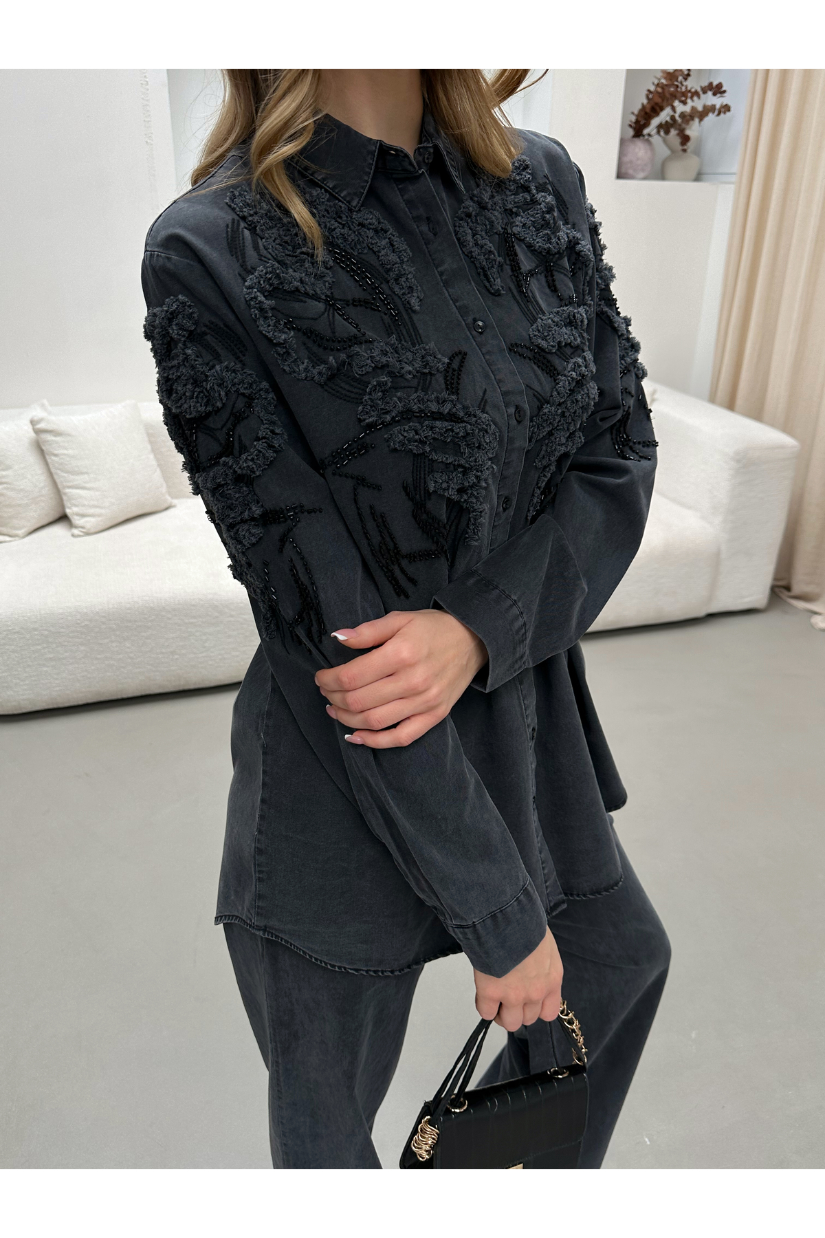 MİA NOURA Women's Denim Fabric Suit with Embroidered Front and Sleeves