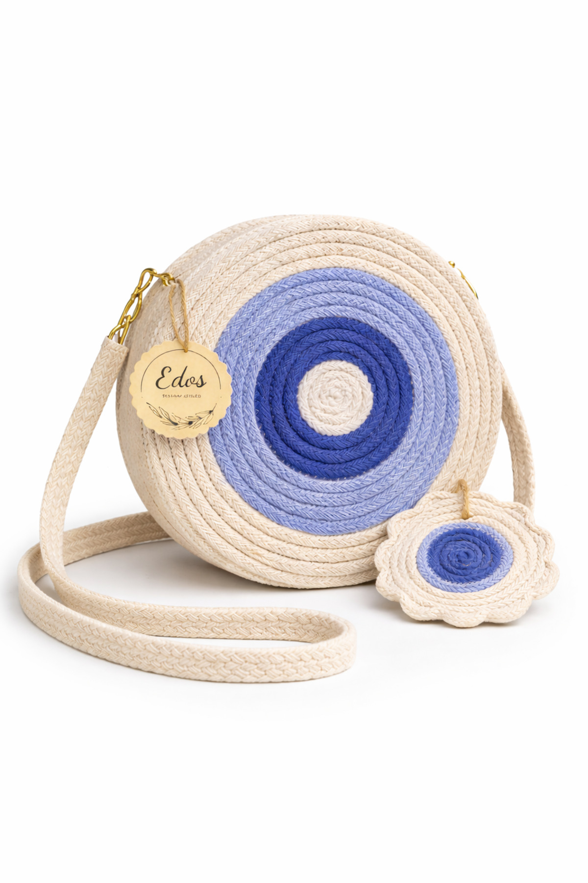 EDOŞ HOME Mavi Nazar Desenli Jüt Hasır Omuz Çantası 30 cm– El Emeği Yuvarlak Boho Hediyelik görsel 4