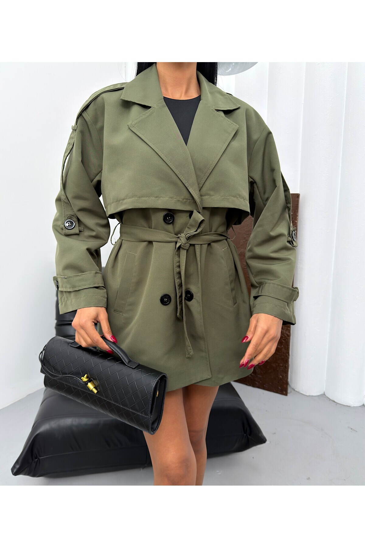 Windbreaker Detailed Front and Rear Maned Short Trench Coat Dark Khaki