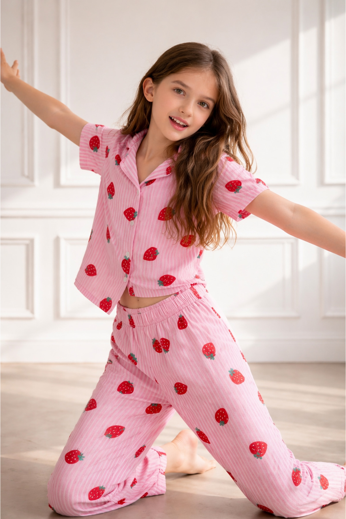 ARN HOMEWEAR Short-Sleeved Girl's Milan Pajama Set with Strawberry Pattern