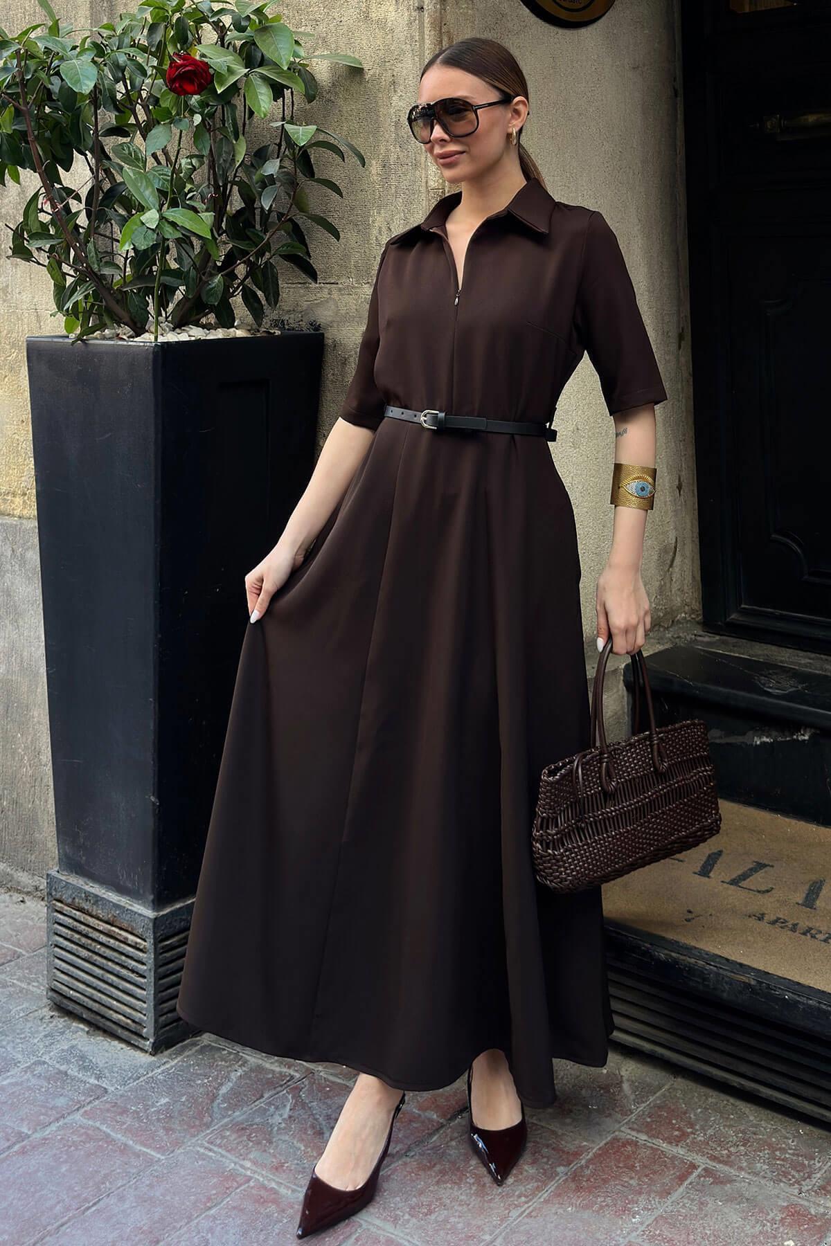 Swist Brown Hidden Half-Zip Polo Collar Pocket Belted Women's Dress