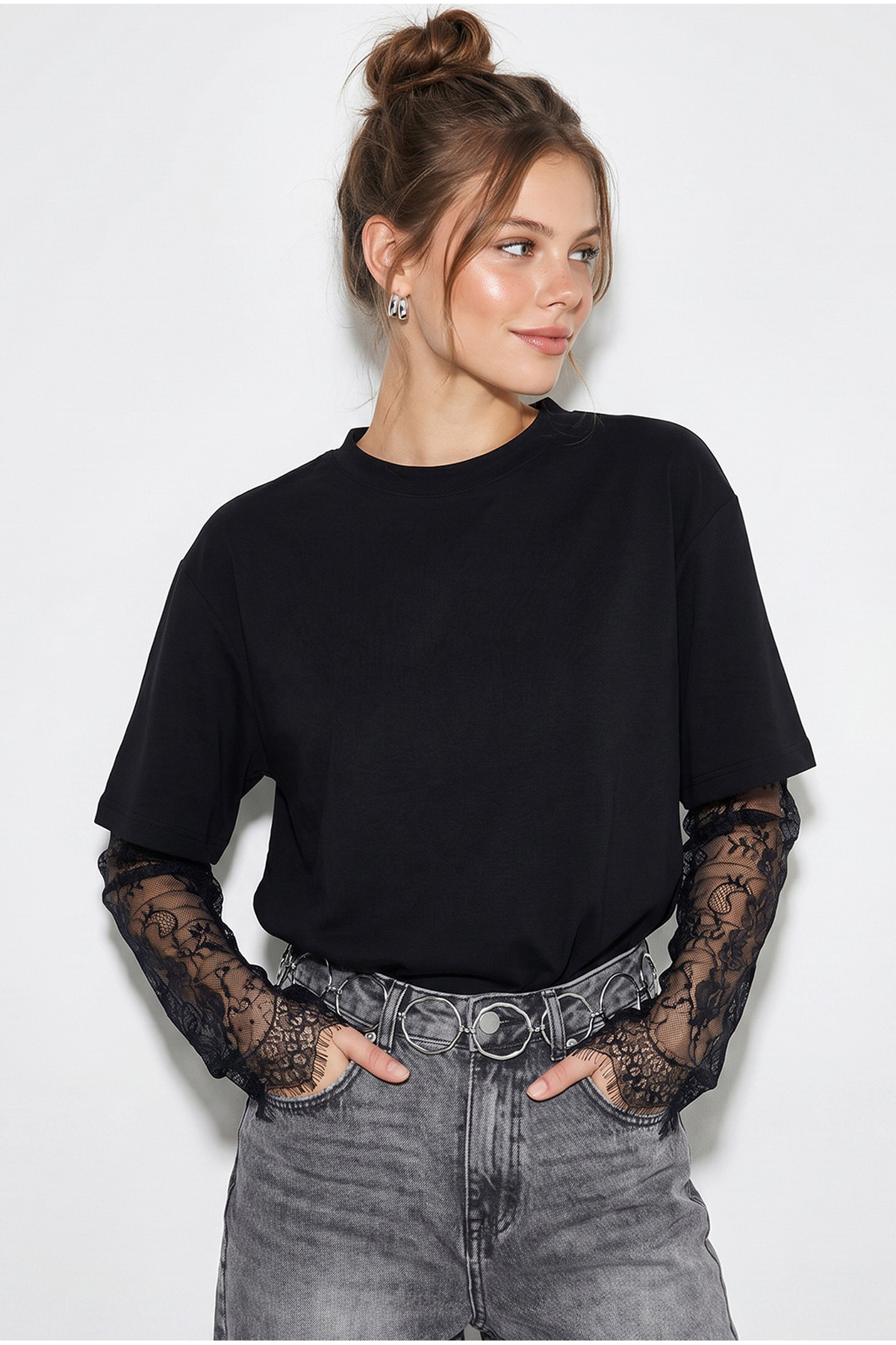 Bianco Lucci Kadın Siyah Bisiklet Yaka Dantel Kollu Oversize Pamuklu T-Shirt 1049 60286075 görsel 3
