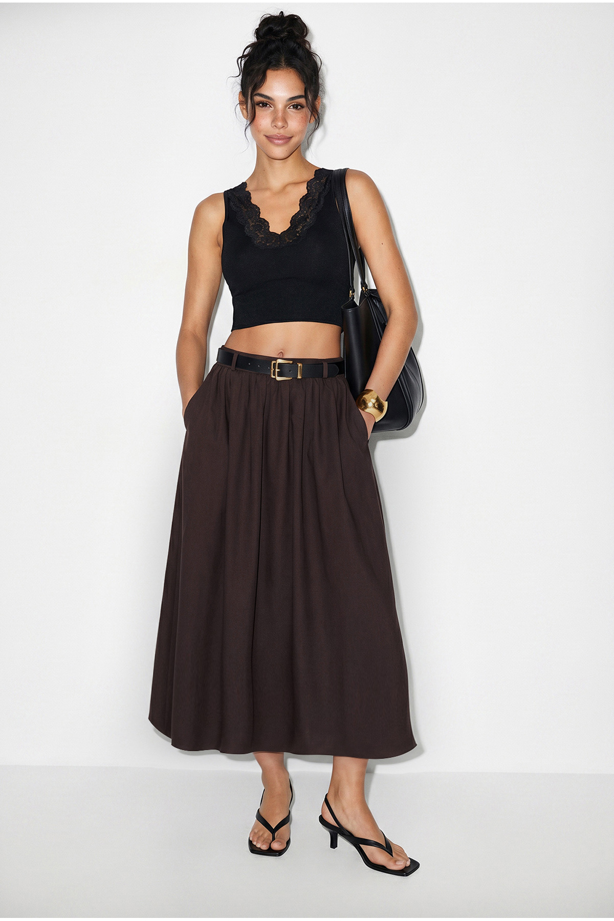 Women's Belt Detailed Flared Cut Modal Long Skirt 7245 60286107