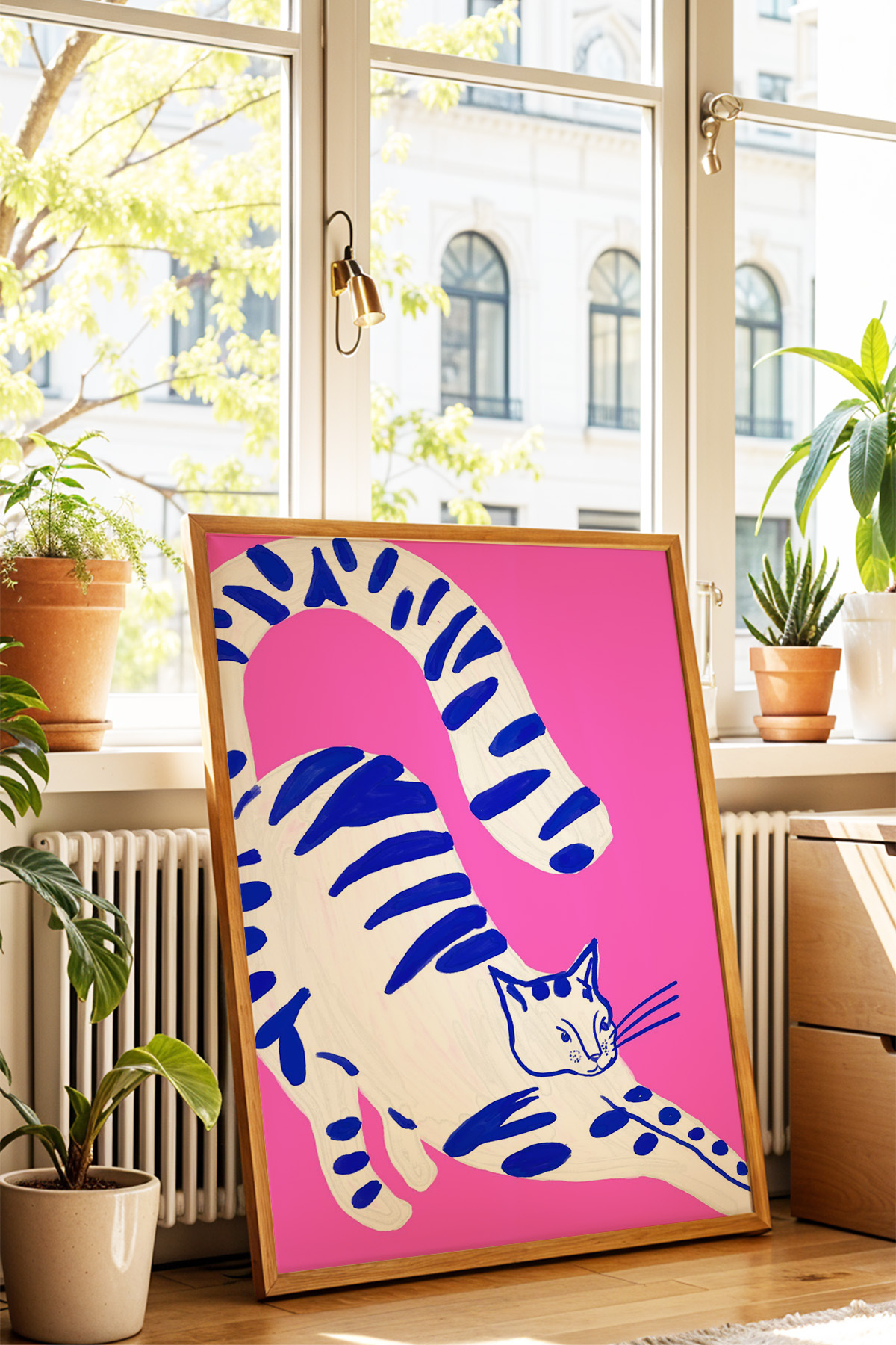 Kedi Tablo Poster Mavi Çizgili Modern Sanat Duvar Dekoru Çerçevesiz