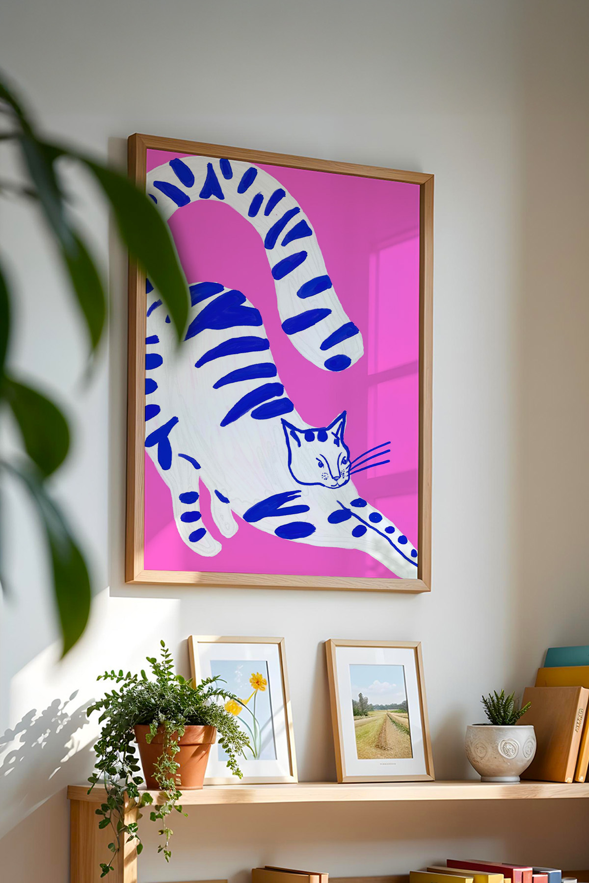 Kedi Tablo Poster Mavi Çizgili Modern Sanat Duvar Dekoru Çerçevesiz