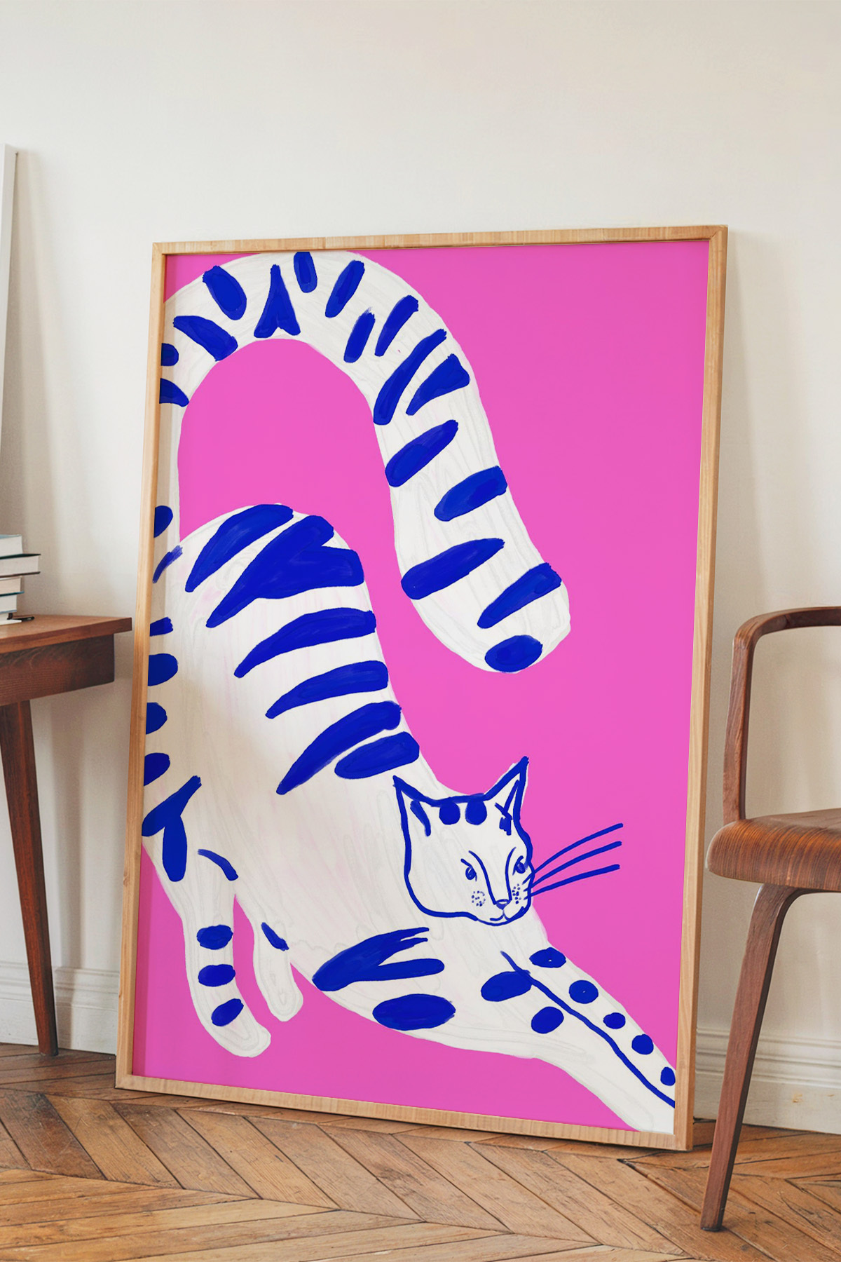Kedi Tablo Poster Mavi Çizgili Modern Sanat Duvar Dekoru Çerçevesiz