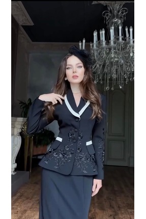 MODA Yeni sezon özel tasarım dabıl kumaş nakışlı ceket balık modeli etek takım
