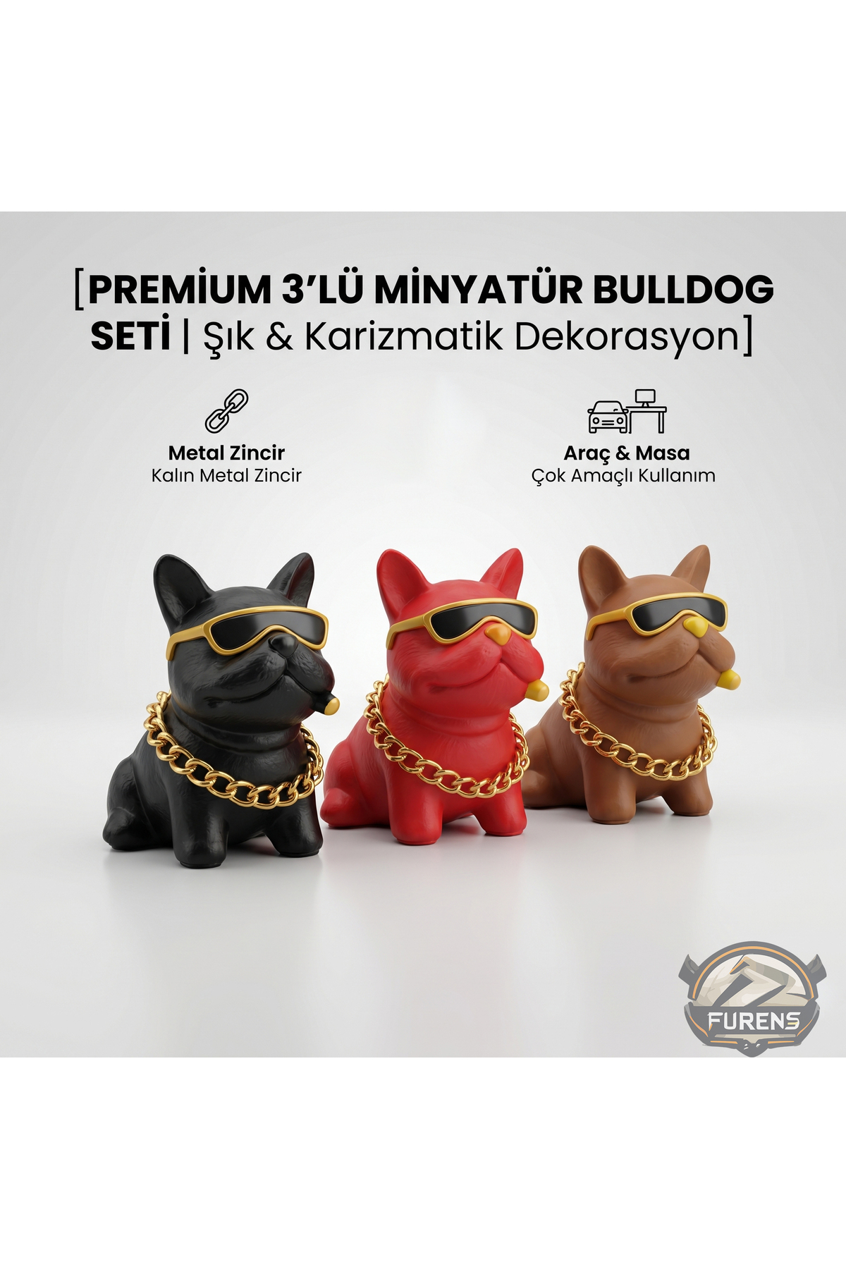 STS Oto Aksesuar Premium Gözlüklü ve Zincirli 3'lü Fransız Bulldog