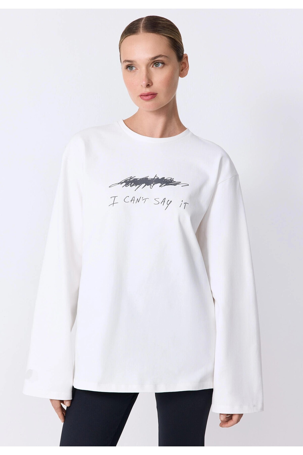 White Printed Hijab Suitable Long Sleeve Cotton T-Shirt