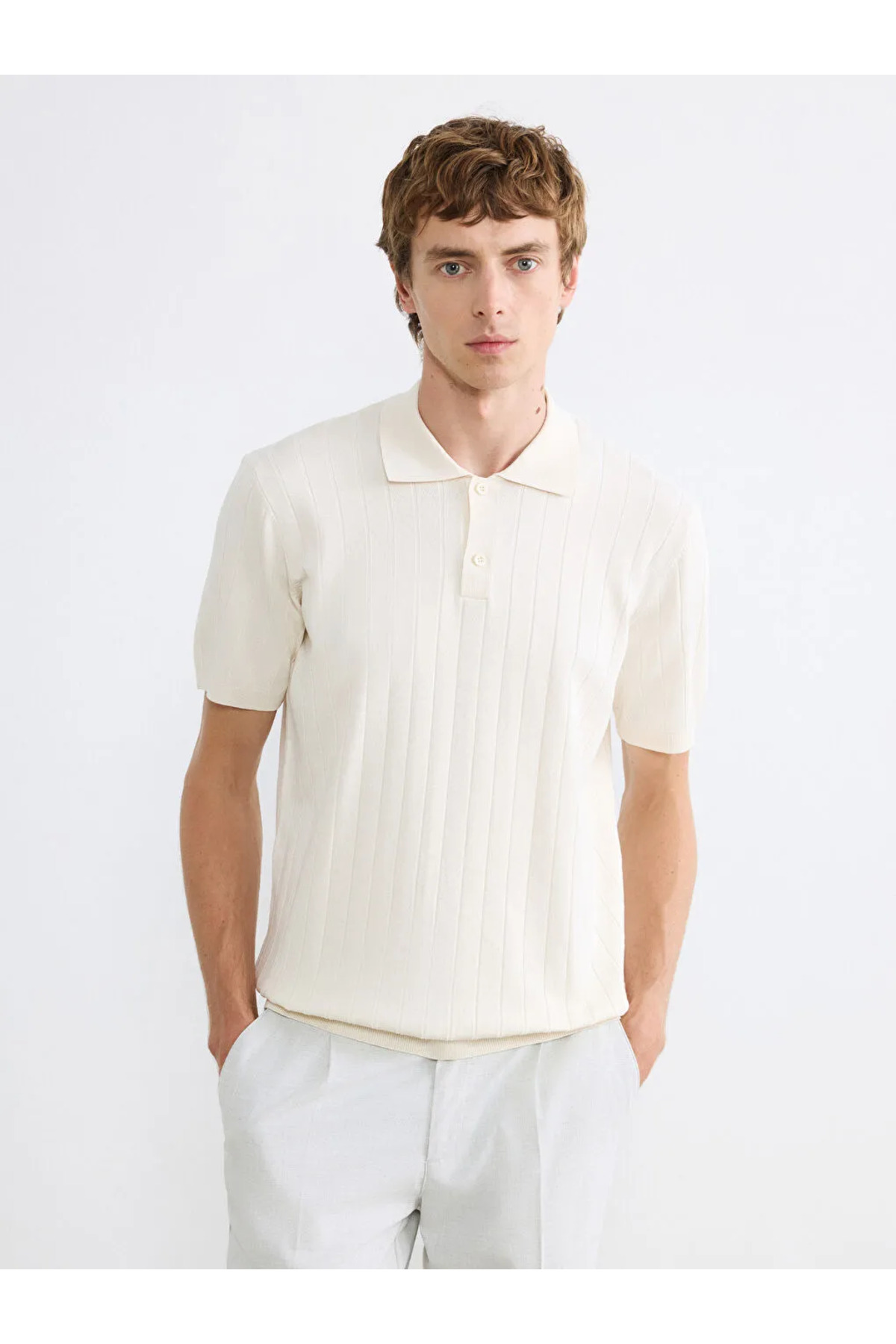 LC Waikiki Ecru Polo Collar Striped Men's Knitwear T-Shirt