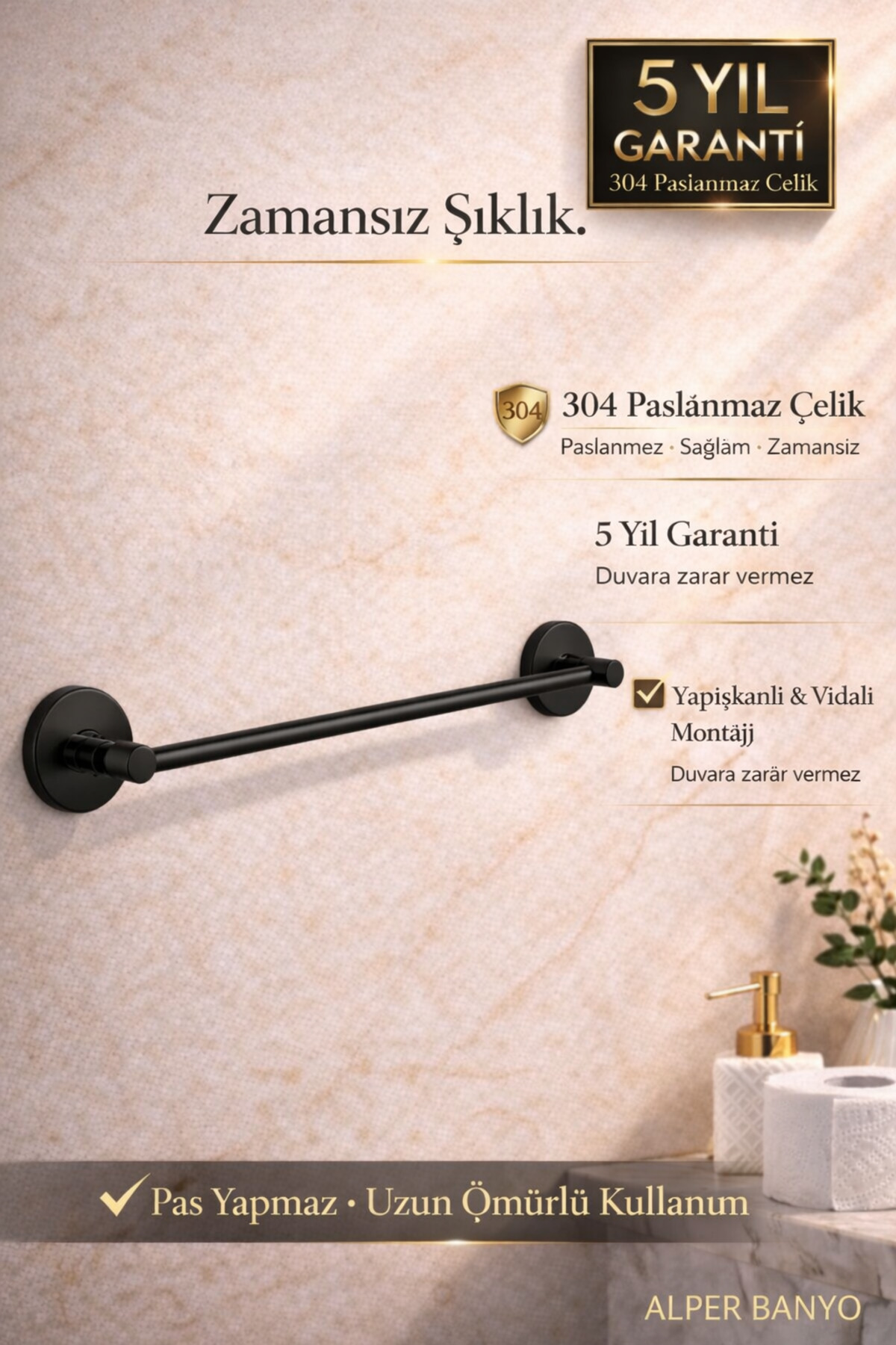 Black 304 Stainless Steel Long Towel Rack, Towel Hanger, 40 cm – 5 Years Warranty – Adhesive & Screw Mounting