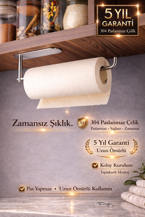 Alper Banyo Premium Krom 304 Paslanmaz Çelik Kağıt Havlu Askısı, Yapışkanlı R...