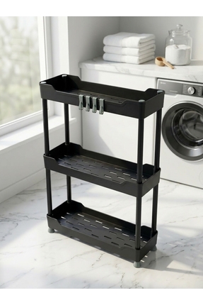 Plastora Slim 3 Katlı Raf Ünitesi Siyah, Banyo Rafı, Mutfak Rafı, Banyo Düzen...