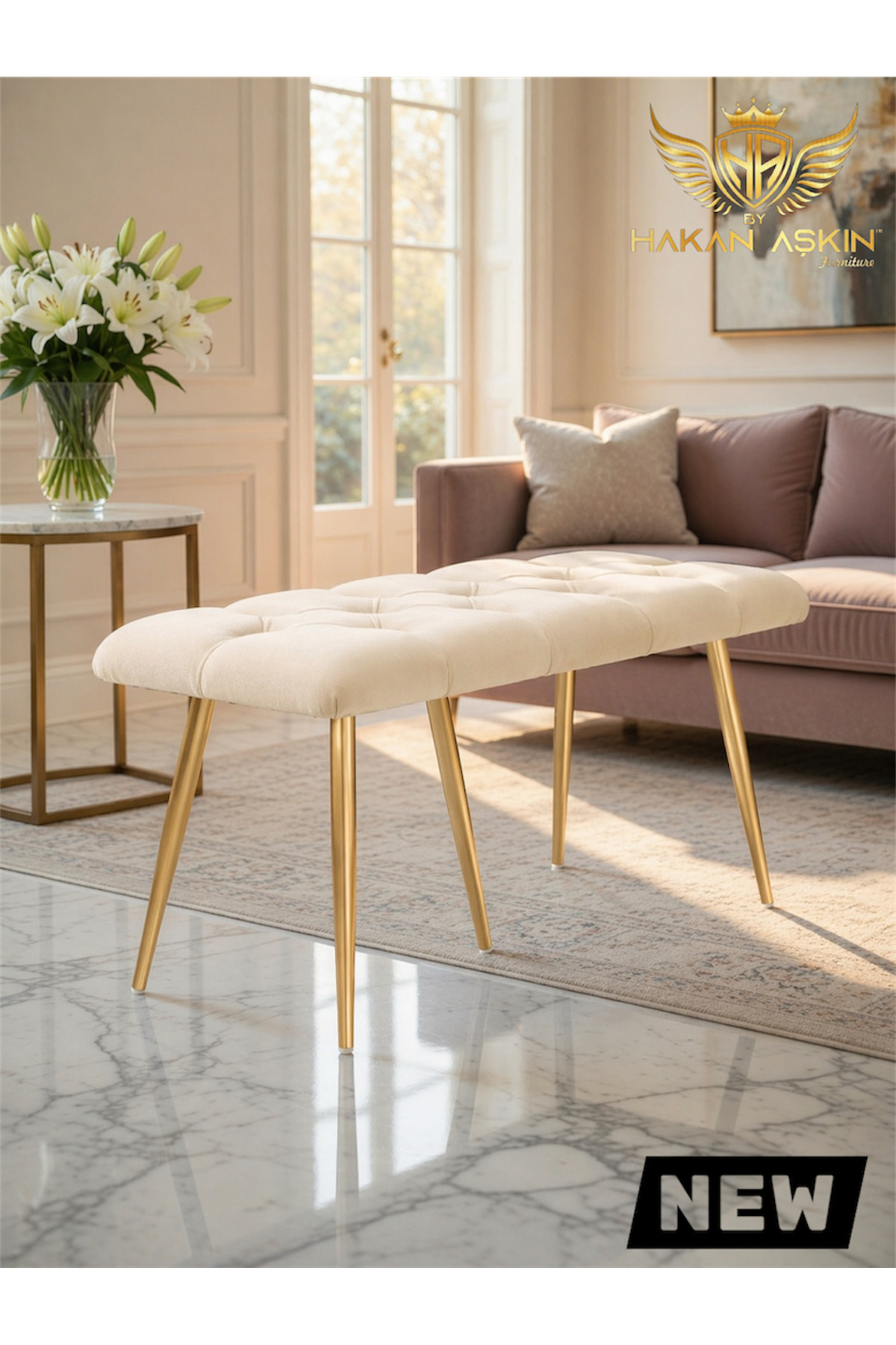 Stella 43x100 cm Puff & Bench Bed Front - Entrance - Living Room - Living room gold cream