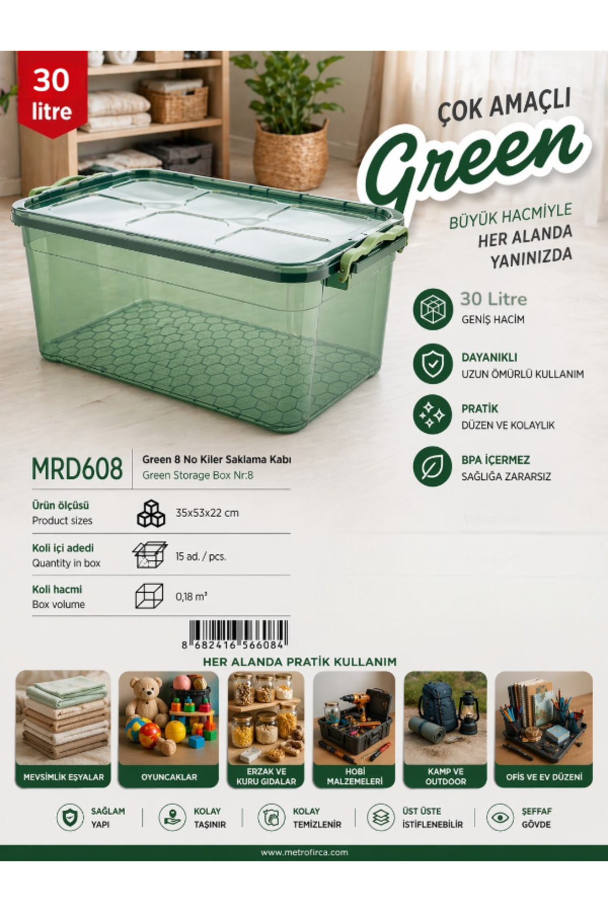 m mienca 30 Litre Kapaklı Şeffaf Saklama Kutusu Green – Çok Amaçlı