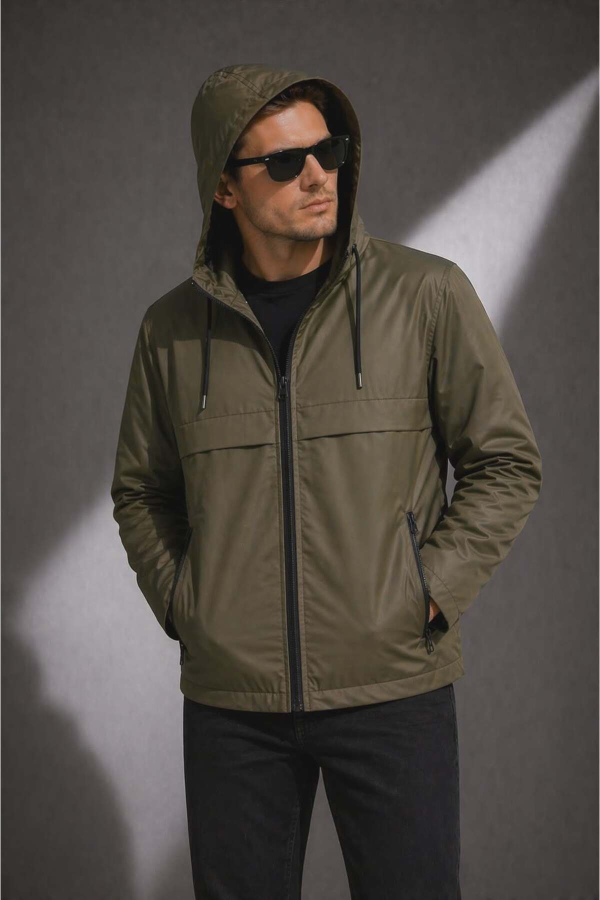 Sınwear Erkek Haki Kapüşonlu Su Geçirmez Hafif Mont, Günlük & Spor Şık Rüzgarlık görsel 3