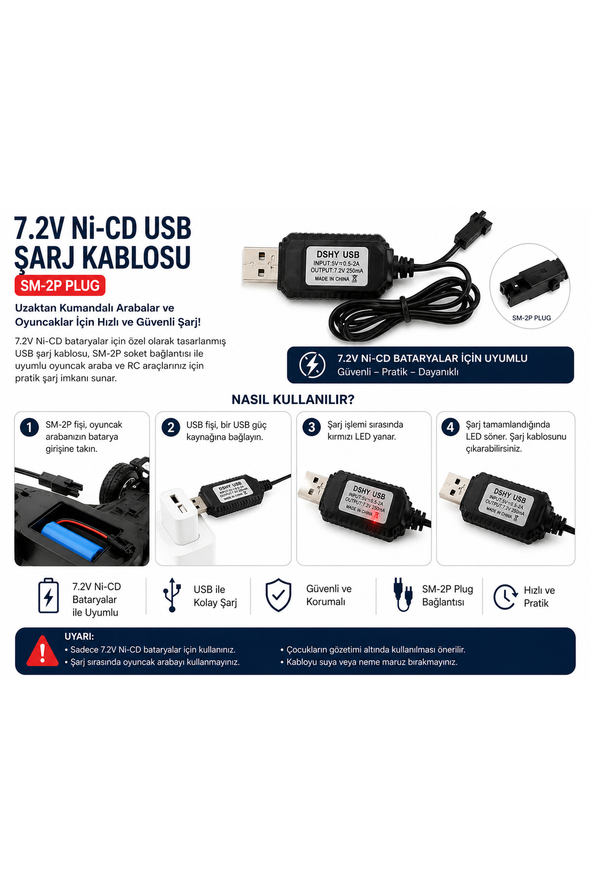 instatech 7.2V Ni-CD USB Şarj Kablosu SM-2P Soketli Uzaktan
