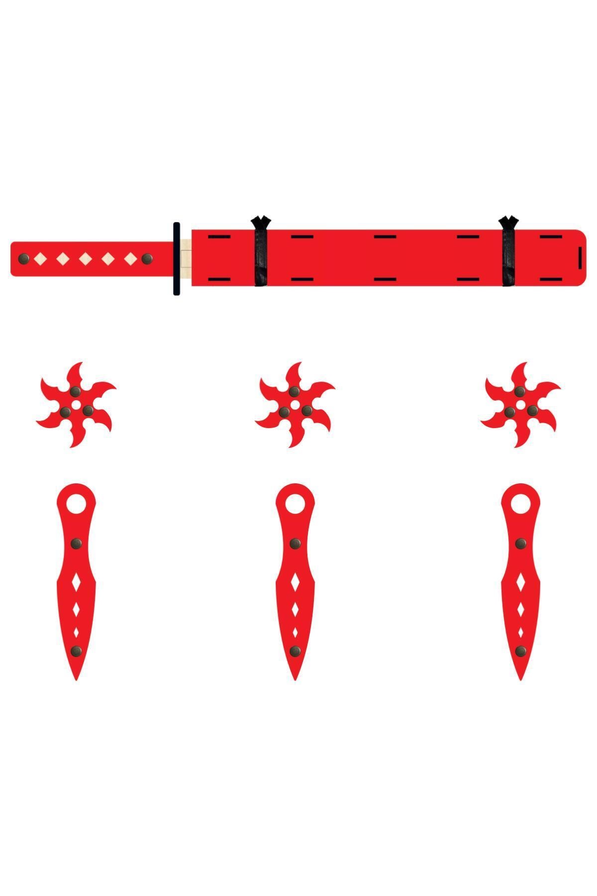 Ahtek Ahşap Samuray Seti 3 Lü, Katana Kılıcı+3 Ad. Ninja Yıldızı