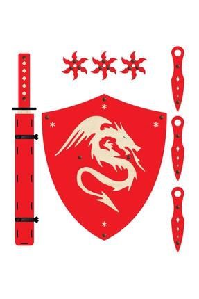 Ahşap Samuray Seti 4 Lü, Kalkan + Katana Kılıcı+ninja Yıldızı Kohga+fırlatma Bıçağı Kunai Kırmızı eticset175