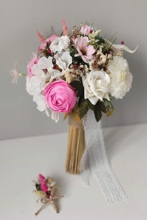 Pembe Beyaz Renk Kuru Ve Yapay Gelin Buketi Nişan Çiçeği - Yaka Çiçeği Hediye BKT37