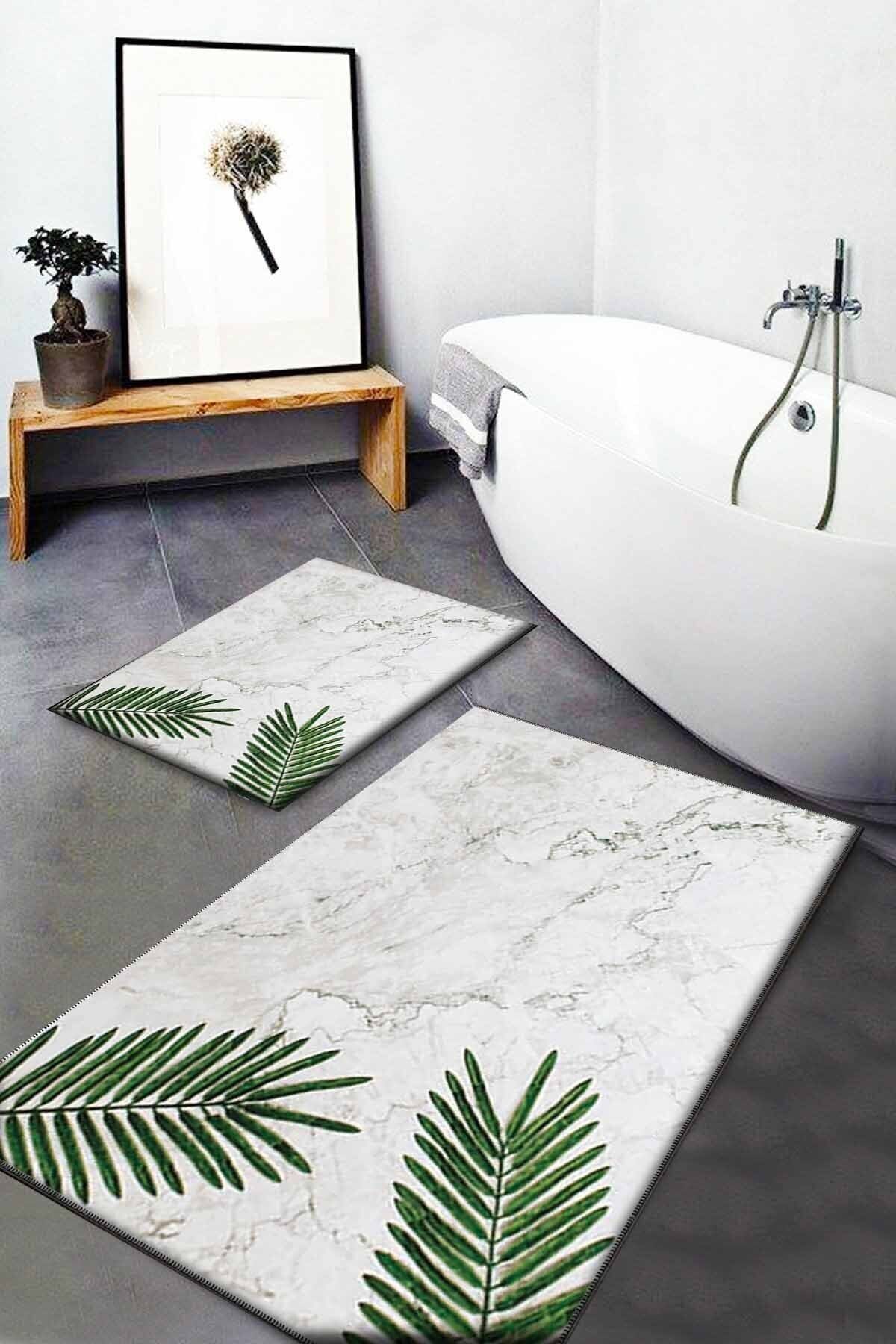 GARDENYA HOME Gardenya Desenli Yıkanabilir Kaymaz Taban 2li Banyo Halısı Paspas Klozet Takımı Bath-0004
