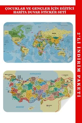 Eğitici - Öğretici Dünya Ve Türkiye Haritası Çocuk Odası Duvar Sticker I 3888