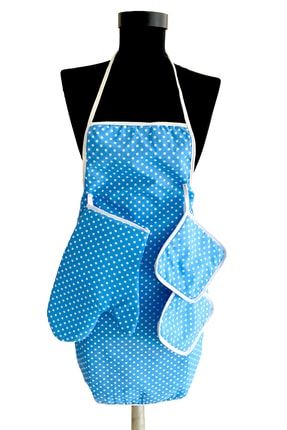 3 Parça Mavi Mutfak Seti Sıvı Geçirmez Mutfak Önlüğü Isı Geçirmez Fırın Eldiveni Ve Tutacak Takımı mrly-03