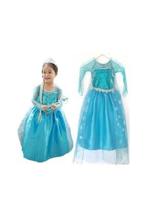 Kız Çocuk Turkuaz Pelerinli Klasik Düz Model Elsa Kostümü duzelsa