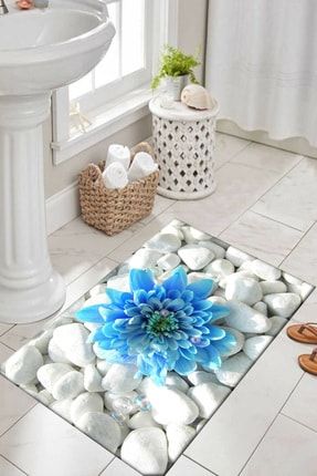 Mavi Çiçekli Desenli Yıkanabilir Kaymaz Taban Banyo Paspası Halısı Ossoozelbatek9