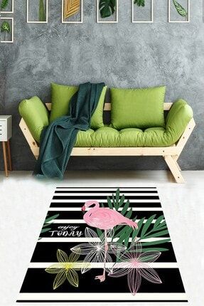 Tropikal Yaprak Desen Flamingolu Çiçekli Dijital Baskılı Kaymaz Taban Yıkanabilir Modern Salon Halı BLT-P-479